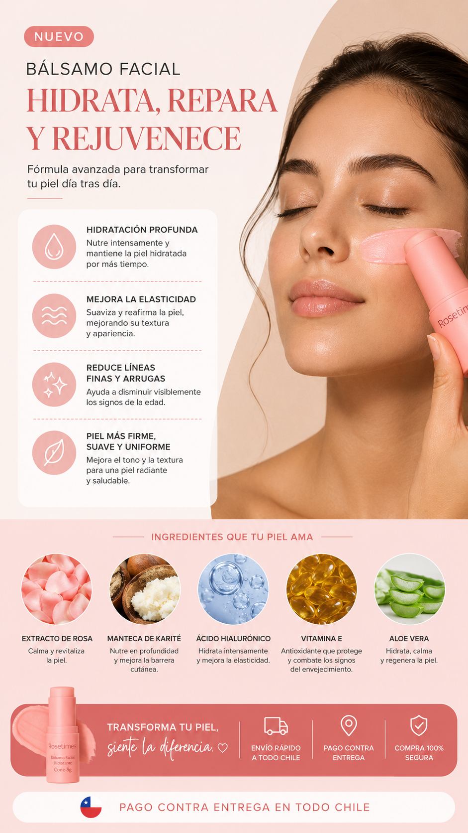 Bálsamo Facial Hidratante Antiarrugas Rosetimes - modo de uso