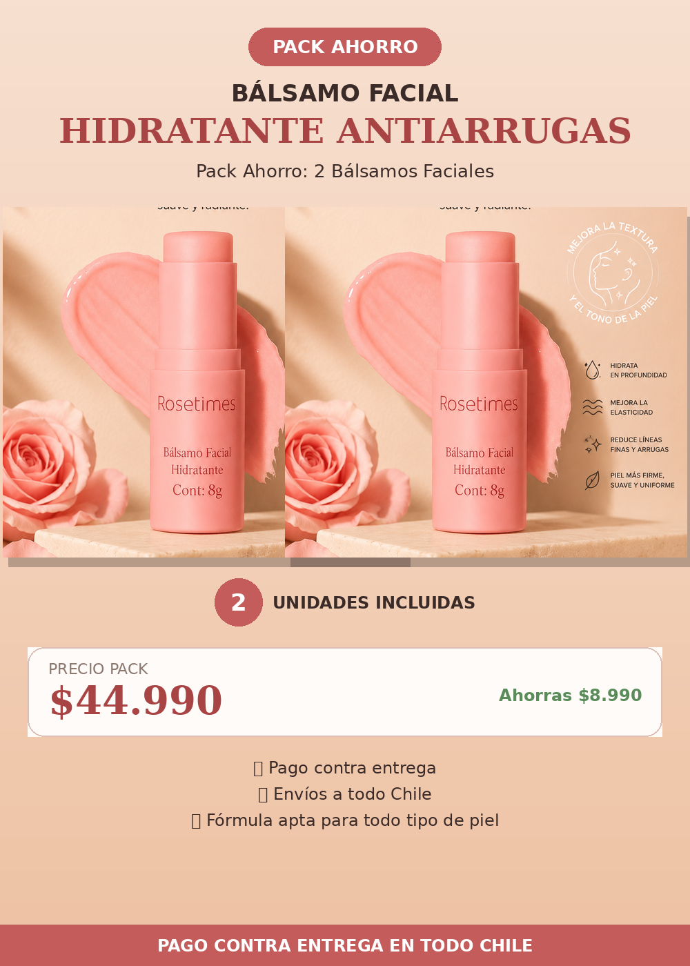 Pack de 2 unidades Bálsamo Facial Hidratante Antiarrugas Rosetimes