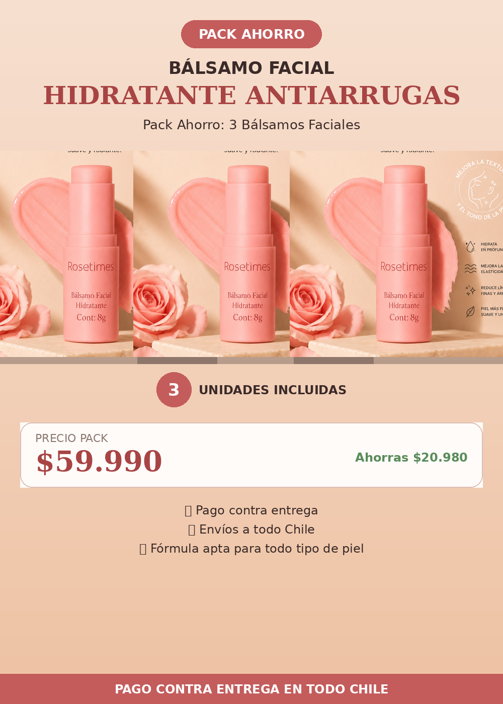 Pack de 3 unidades Bálsamo Facial Hidratante Antiarrugas Rosetimes